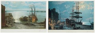 John Stobart (1929-2023), Two works: "Natchez," Offset lithograph in colors on paper, Sight: 22.5" H x 32.25" W, and "Boston," Offset lithograph in co