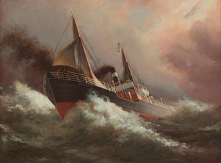 G. Miry, (b. 19th century), French freighter "Spindrift" in heavy seas, 1898, Oil on canvas laid to canvas, 16" H x 21" W
