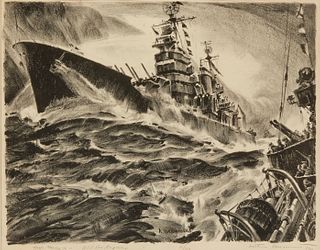 Arthur Beaumont (1890-1978), "Task Force X - USS Los Angeles," 1952, Lithograph on paper, Image: 10" H x 13" W; Sight: 10.5" H x 13.5" W