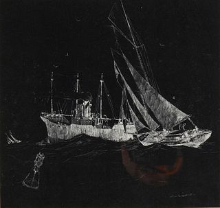 Arthur Beaumont (1890-1978), Ships at sea, night, 1927, Scratchboard, Sight: 8.25" H x 8.75" W