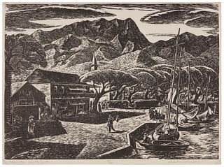 Charles Surendorf (1906-1979), "Papeete Waterfront," Woodcut on paper, Image: 10" H x 13.75" W; Sheet: 10.5" H 13.75" W; Mat: 14" H x 19" W