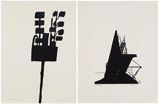 Arnold Mesches (1923-2016), Two works: "Bright Lights," 1972, Screenprint in colors, Sheet: 30" H x 22" W, and "Billboard," 1973, Screenprint in color