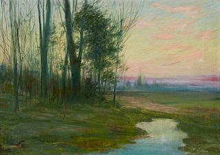 Joseph Henry Hatfield (1863-1928), Stream in a landscape, Oil on canvas laid to canvas, 14" H x 20" W