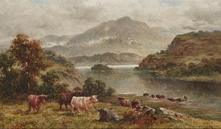 William Langley (1852-1922), "A View on Loch Lomond," Oil on canvas, 12" H x 20" W