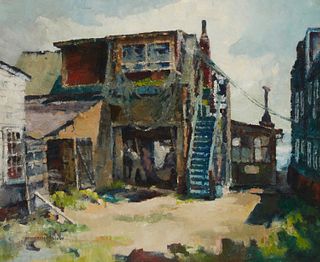 Kenneth How (1883-1950), "Morning Light (Cottage Near the Wharf)," Oil on waxed canvas, 25" H x 30" W