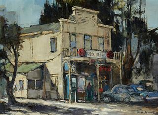 Joshua Meador (1911-1965), "Riverside Store," Oil on canvas, 20" H x 27" W