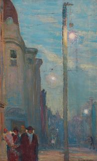 Joseph Sacks (1887-1973), "Beneath the City Street Lights," Oil on canvas, 24" H x 15" W