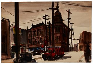 Dorothy Sklar (1906-1996), "Landmark: 4th & Bond," 1945, Watercolor on paper, Sight: 13.125" H x 19.625" W