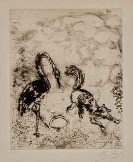 Marc Chagall (1887-1985), "The Fox and the Stork," 1952, Etching and aquatint on paper, Plate: 11.5" H x 9.25" W; Sight: 13.5" H x 11" W