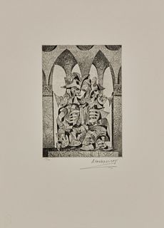Anatole Krasnyansky (1930-2023), "Musicians" from "The Sound of Music Suite," Etching on paper, Image: 8.5" H x 6.25" W; Sight: 17.5" H x 13" W