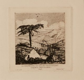 Charles Meryon (1821-1868), "La Chaumiere du Colon Vieux-Soldat," 1866, Etching on laid paper, Plate: 3.25" H x 3" W; Sheet: 13.5" H x 10.5" W