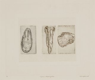 Frieda Vredaparis (b. 1928), "3 Piece Interchangeable," 1964, Embossed graphite and etching on paper, Plate: 10.875" H x 12.75" W; Sight: 12.5" H x 14