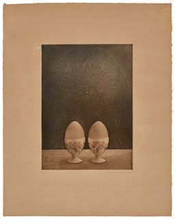 Terence Millington (b. 1942), Two eggs, 1977, Etching on paper, Plate: 10.625" H x 8" W; Sheet: 18" H x 14.625" W