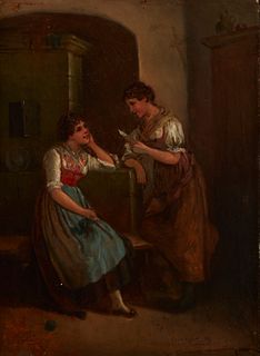 19th Century European School, Two ladies talking in an interior, Oil on panel, 8" H x 11" W