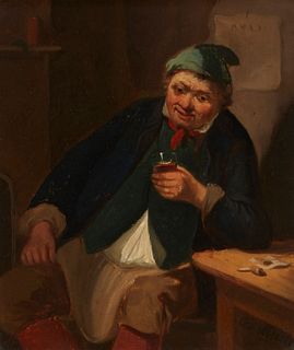 Virgile Cantineau (1864-n.d), Leaning figure with green cap and drinking glass, Oil on panel, 7.125" H x 6.25" W
