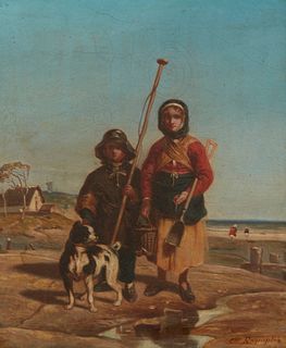Camille Joseph Etienne Roqueplan (1803-1855), Two children and a dog at the beach, Oil on canvas, 11" H x 9" W