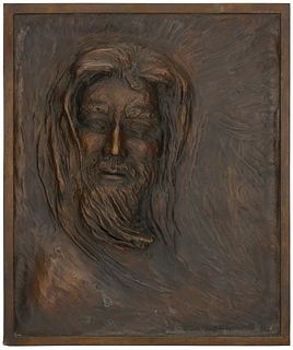 Retha Walden Gambaro (1917-2013), Portrait of a man, 1981, Patinated bronze plaque, 17.5" H x 14.5" W x 2.5" D