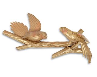 Attributed to Sergio Bustamante, (b. 1949), Two perched parrots, Copper and brass, 22" H x 42" W x 11" D approximately