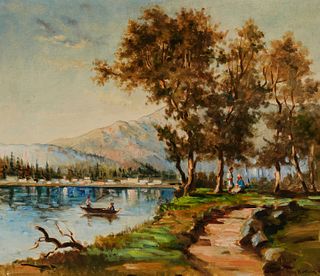 Late 19th Century American School, Landscape with boat and village, Oil on canvas, 20" H x 23.75" W
