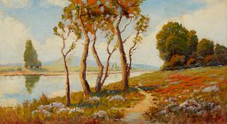 Ramona Froyland Valencia (1900-1988), A flourishing landscape along a river, Oil on canvas, 20" H x 37" W
