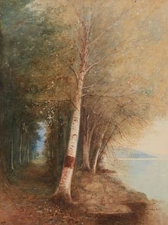 Susie Barstow (1836-1923), Landscape with birch tree and river, Watercolor on paper, Sight: 17" H x 13" W