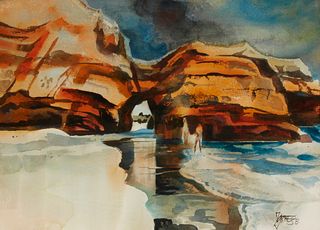 Milford Zornes (1908-2008), Laguna Beach coastal with figures, 1973, Watercolor on paper, Sight: 20.5" H x 28.5" W