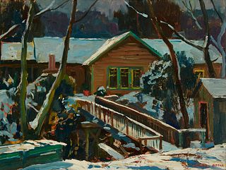 Cornelis Botke (1887-1954), Cabin in the snow, Oil on artist board, 9" H x 11.5" W