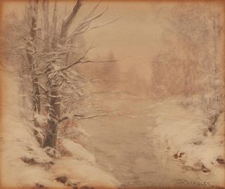 George P. Bradley, (1850-1929, Cleveland, OH), "Winter Evening", Watercolor on paper, Sight: 9" H x 10.75" W