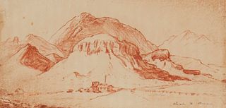 Charles Hamilton Owens (1881-1958), Mountainous landscape with a small dwelling, Sepia drawing on beige paper, Sight: 23.625" H x 7.3756" W