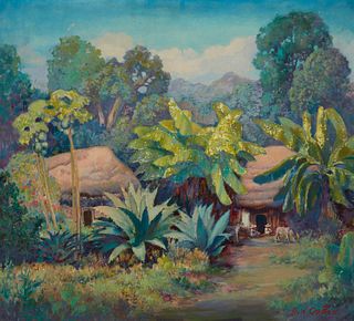 John William Orth (1889-1976), Tropical landscape with houses, on artist board, 30i H x 33.75i W