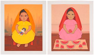 Gustavo Montoya (1905-2003), Two works: Girl in yellow with doll and Girl in pink with watermelon, Each: Screenprint in colors on wove paper, Each: Im