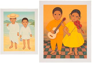 Gustavo Montoya (1905-2003), Two works: Two boys at the beach and Boy and girl with instruments, Each: Screenprint in colors on wove paper, Each: Imag