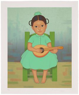 Gustavo Montoya (1905-2003), Girl in green with mandolin, Screenprint in colors on wove paper, Image: 23.625" H x 17.75" W; Sheet: 27.25" H x 21.25" W