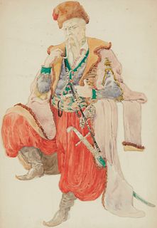 Vsevolod Ulianoff (1880-1940), "Russian Man, Taras Bulba," Watercolor on paper, Sight: 17" H x 12" W