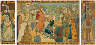 Lucy Fitch Perkins (1865-1937), Honoring the knight (triptych), circa 1904, Lithograph with hand-coloring in watercolor and gold paint on paper laid t