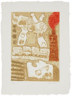 Theo Tobiasse, (1927-2012), "Destins Evanouis", Etching and carborundum in colors on thick handmade paper, Plate: 21.75" H x 15.5" W; Sheet: 29.5" H x