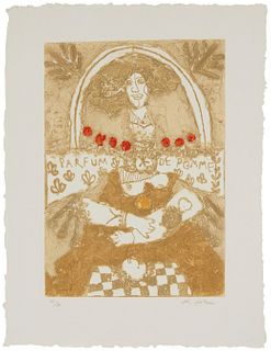 Theo Tobiasse, (1927-2012), "Parfum de Pomme", Etching and carborundum in colors on thick handmade paper, Plate: 21.75" H x 15.5" W; Sheet: 29" H x 22