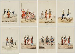 After Baron Alfred de Marbot (1812-1865), A group of eight images of French soldiers from the various reigns of French kings, Each reproduction in col
