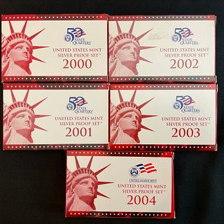 Group of 5 US Mint Silver Proof Sets 2000, 2001, 2002, 2003, 2004 50 State Quarters