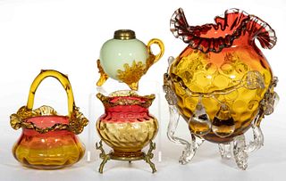 AMBERINA WITH APPLIED DECORATION ARTICLES, LOT OF THREE
