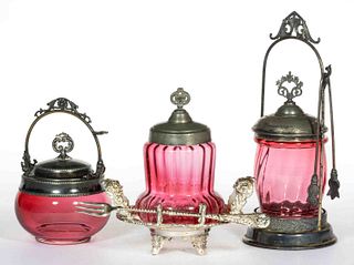 VICTORIAN CRANBERRY GLASS PICKLE CASTERS, LOT OF THREE