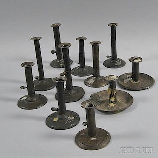 Eleven Tin and Iron Candlesticks