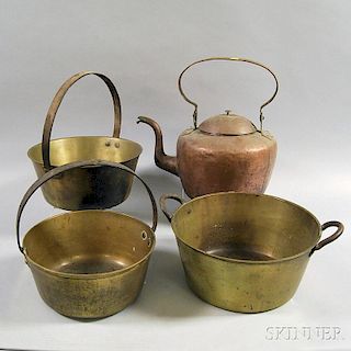 Three Large Brass Pans and a Copper Tea Kettle