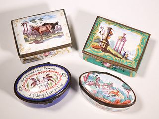 Group of Four English Battersea Enamel Boxes, late 18th Century - early 19th Century