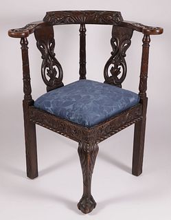 George II Style Carved Oak Corner Chair, late 19th Century