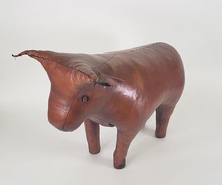 Vintage Dimitri Omersa for Abercrombie and Fitch Leather Bull Footstool Ottoman, circa 1960s