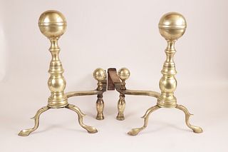 Pair of Period Brass Boston Ball Top Andirons with Matching Log Stops, 19th Century