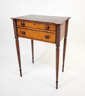 Fine 19th Century New England Sheraton Tiger Maple Two Drawer Work Stand