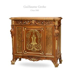 19th C. French Guillaume Grohe Signed Louis XVI Engraved Figural Commode Cabinet