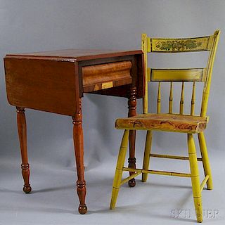 Paint-decorated Thumb-back Windsor Side Chair and a One-drawer Drop-leaf Stand